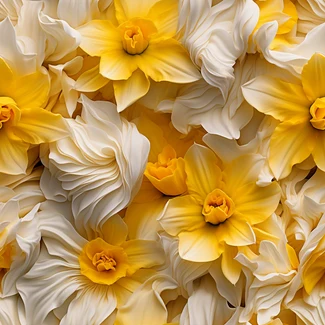 A yellow and white repetitive floral pattern inspired by nature-based patterns and macro photography. The pattern features hyper-realistic wildlife portraits reminiscent of National Geographic photos, and it presents a richly layered, symmetrical arrangement in a sun-soaked color palette.